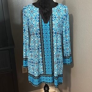 Maria Gabrielle Petite Tunic PL Top Blue Tile‎ Print Boho Stretch Blouse Artsy